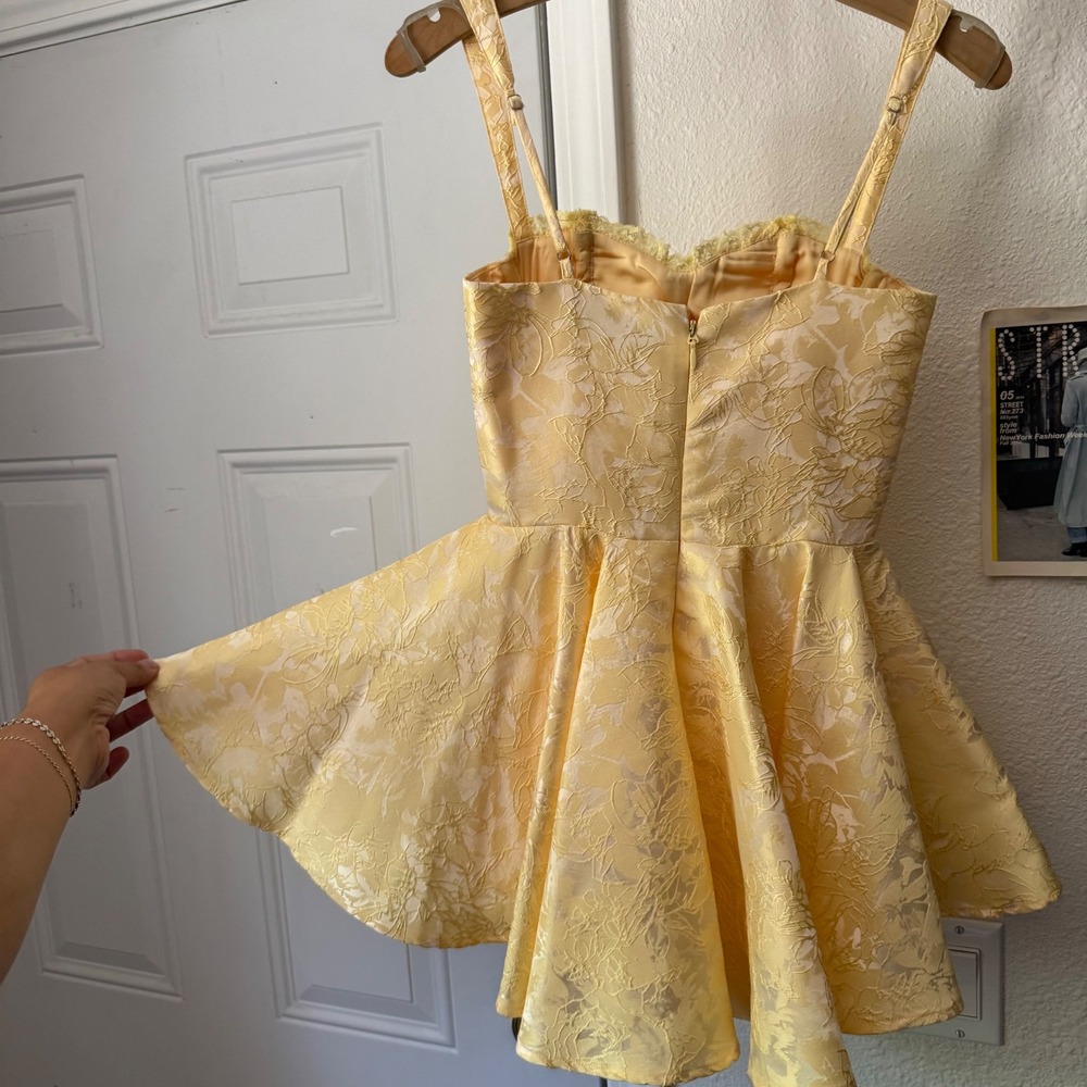 BABYBOO butter yellow babydoll brocade embroidered sleeveless bustier mini dress - Picture 5 of 8